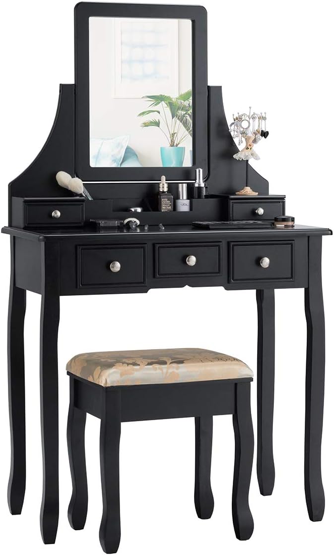 CHARMAID Makeup Vanity Set with Mirror and Cushioned Stool, Dressing Table with 5 Drawers and Removable Storage Organizers, Bedroom Makeup Table with Stool for Women Girls (Black)