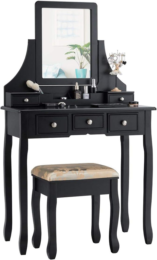 CHARMAID Makeup Vanity Set with Mirror and Cushioned Stool, Dressing Table with 5 Drawers and Removable Storage Organizers, Bedroom Makeup Table with Stool for Women Girls (Black)