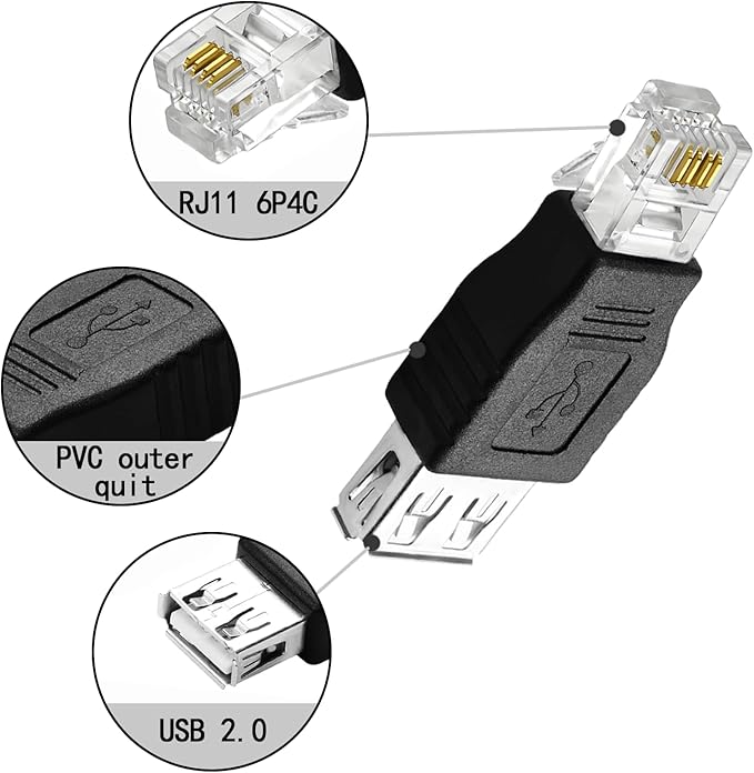 RJ11 to USB Telephone line Adapter, Telephone line fax Machine Modem Test Connector 6P4C Male to USB Female Port Adapter（2Pack