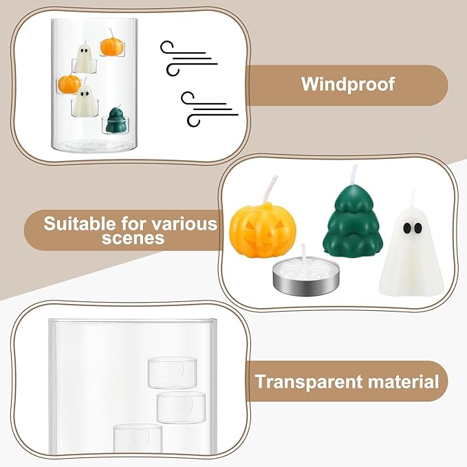 Christmas Glass Hurricane Candle Holder with 18 Pcs Tree Pumpkin Ghost Candles and 5 Tea Light Cylinder Pillar Candle Holder for Xmas Thanksgiving Halloween Table Centerpiece Decorations