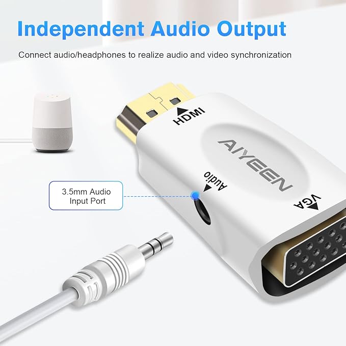 HDMI to VGA Adapter, 1080p HDMI Male to VGA Female Adapter with 3.5mm Audio Jack Cable Compatible with Monitor, Laptop,Computer, Projector, HDTV, Chromebook and More (White)