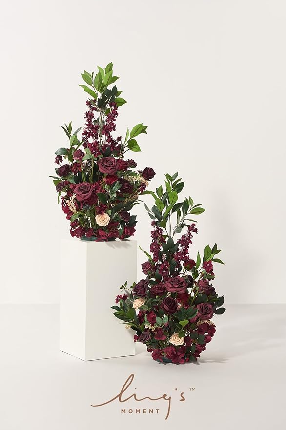 Ling's moment 41" Tall Fall Free Standing Artificial Flowers Arrangements 2pcs Wedding Aisle Runner Chair Decoration Fake Bordeaux Red for Arch Entryway Ceremony Reception Church Rose Floral Party