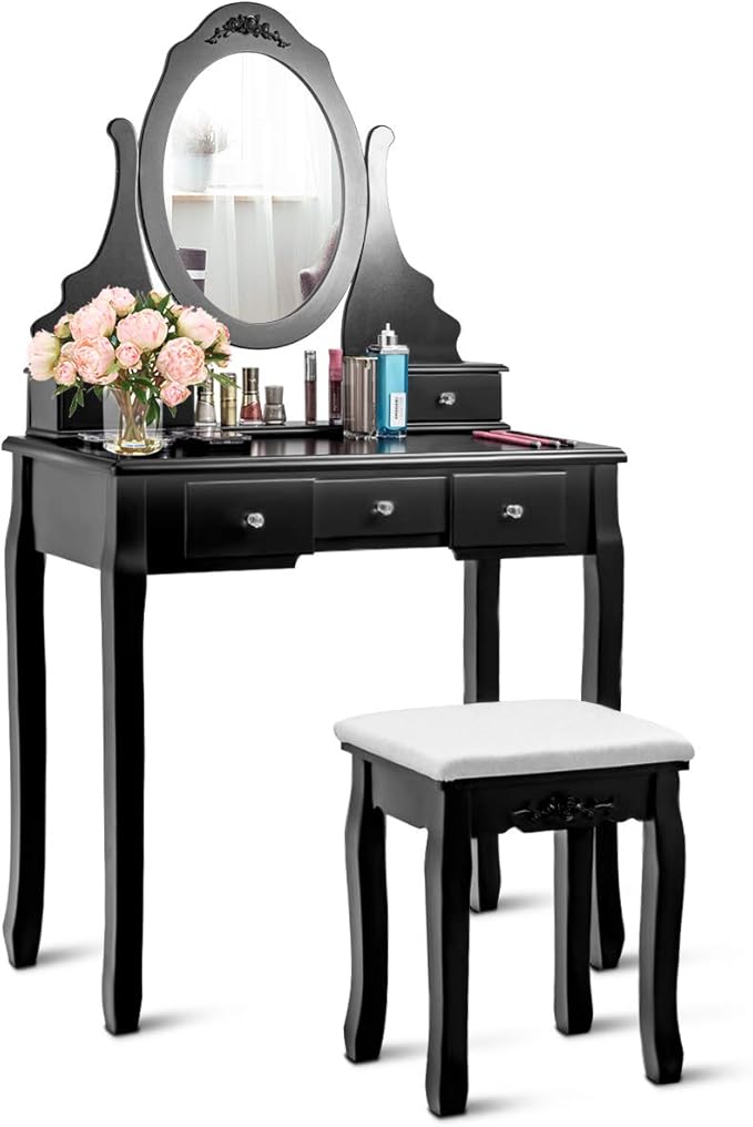 Giantex Vanity Set with Oval Mirror & Cushioned Stool, Makeup Dressing Table Large Storage with 5 Drawers, Mirrored Bedroom Vanities Makeup Table for Kids Girls Women, Easy Assembly (Black)