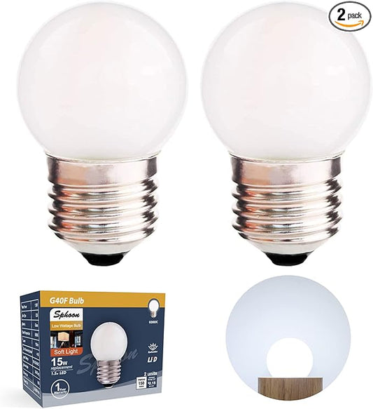 G40 1.5w Dim Led Bulb Equivalent 15 Watt Light Bulbs, Standard E26 Base Frosted Glass Soft Bright White 6000k for Home Decorative, Fridge Freezer Lamp, CRI 90+, 150lm, Pack of 2