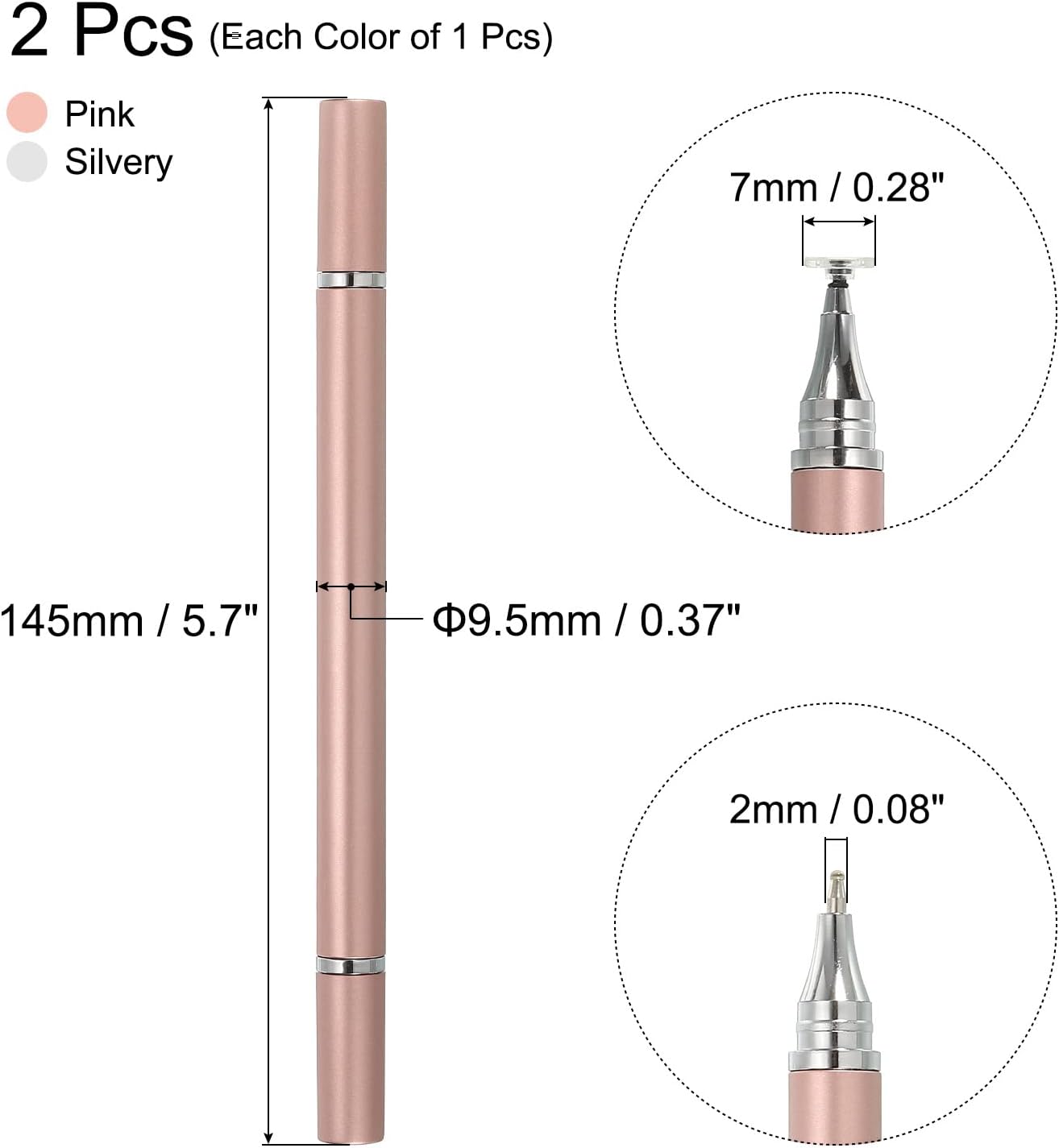 MECCANIXITY 2pcs 2 in 1 Ballpoint Pen with Stylus Tip, Fine Point Disc Stylus Pens for Touch Screens, Silver Pink
