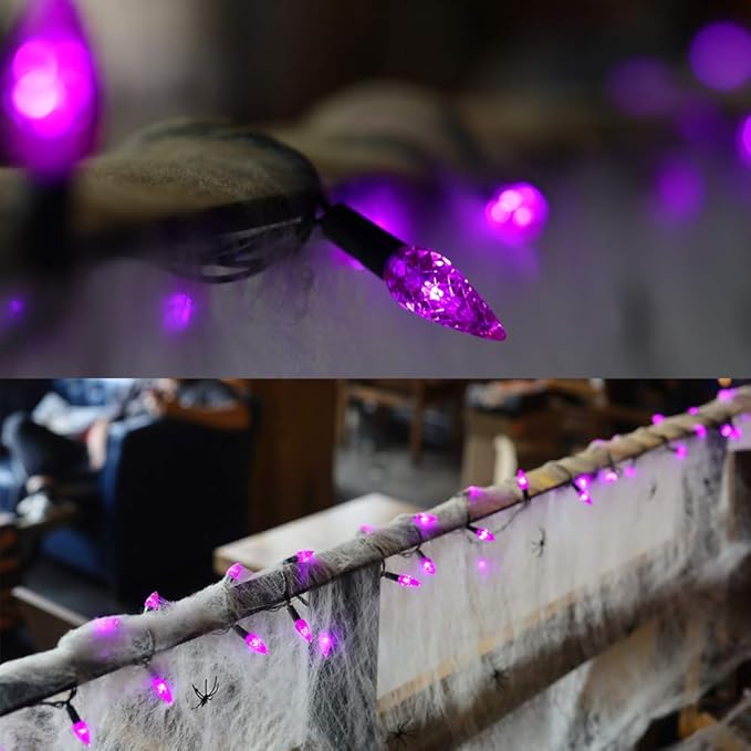 Twinkle Star C6 Halloween String Lights, 100 LED 33ft Fairy Lights with 29V Safe Adapter, Indoor Outdoor Black Wire Lights 8 Lighting Modes for Patio Xmas Tree Party Decor, Purple