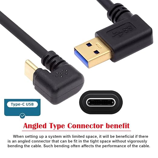 NFHK Right Angled USB3.0 Type-A to Type C USB-C Male to Male Power Data Cable 5Gbps USB-C Opposite U Shape Back Angled