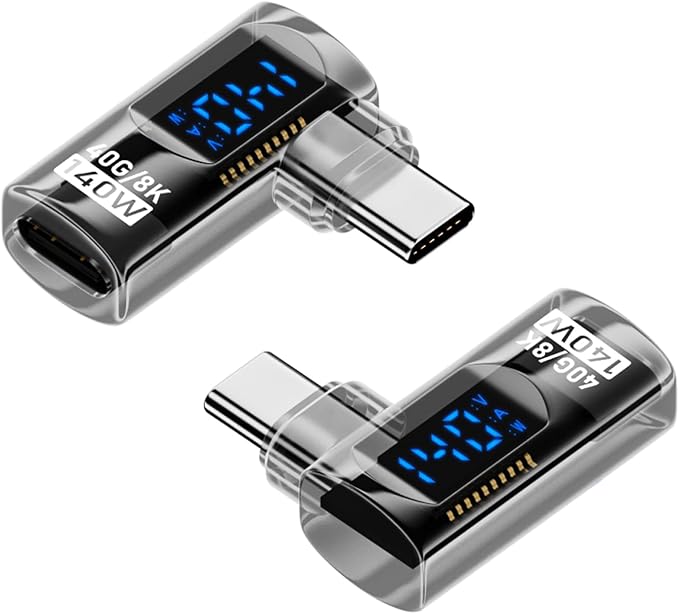 2 Pack 90 Degree USB C Adapter with Digital Display, 140W Right Angle USB-C Male to Female Connector for iPhone 16/15 Series, MacBook, Support Voltage, Current and Power Smart LED Display