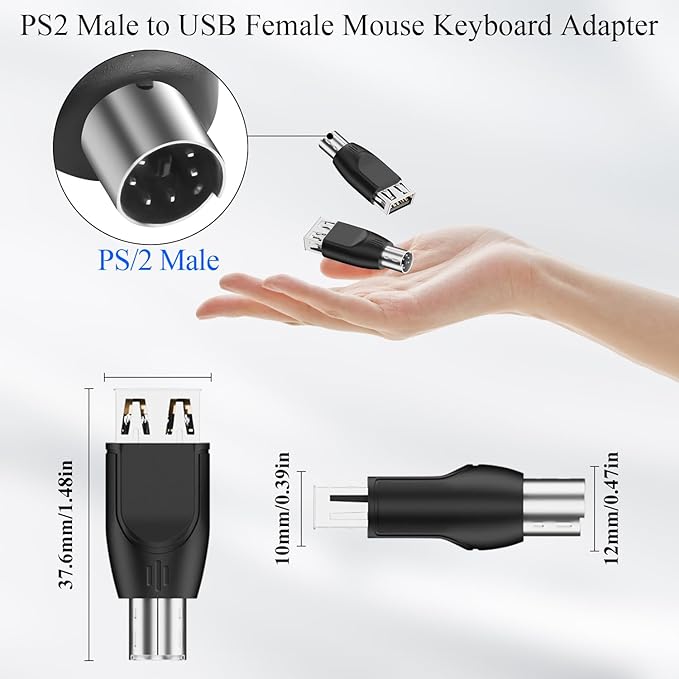 QIANRENON PS2 to USB Mouse Keyboard Converter PS/2 Male to USB A Female Adapter PS2 Plug to Type A Socket Connector, Not Support Hot Swapping, for PC Barcode Scanner, 2Pcs
