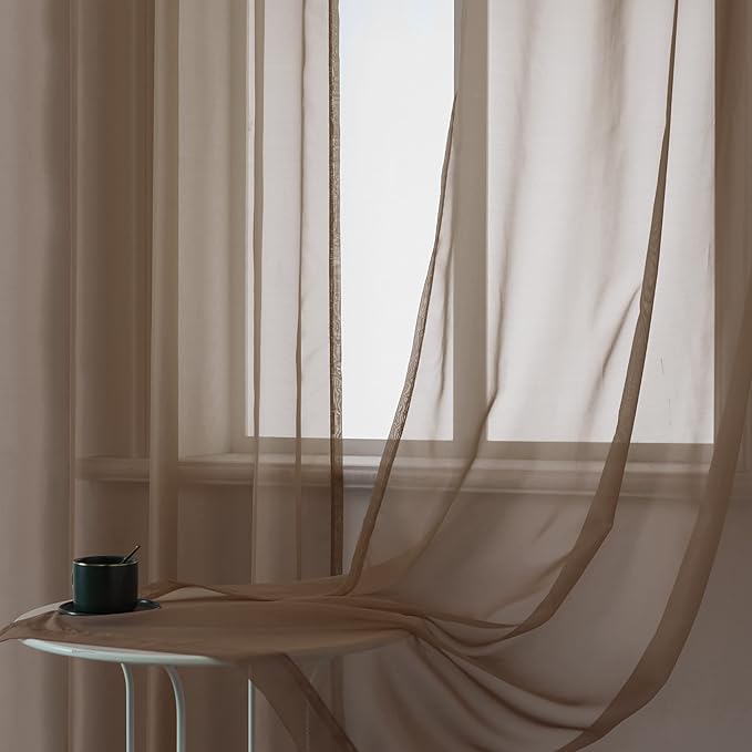 DUALIFE Dark Brown Sheer Curtains Voile Panels Drapes Grommet Curtain Sheers for Living Room 45 inch Length Transparent Bedroom Light Filtering Window Treatments 2 Panels 52x45 Chocolate Brown