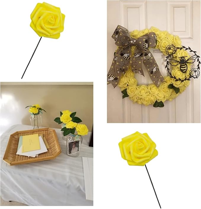 Yellow Artificial Flowers Fake Roses 50 PCS with Stem, Flower Heads Fake Rose for Crafts Bouquets for DIY Wedding Decorations Centerpieces Arrangements Party Home Garden Decor