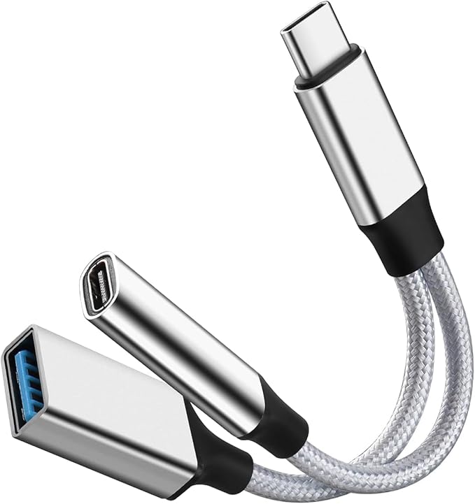 GELRHONR USB C OTG Charging Adapter, 2 in 1 USB-C Splitter, Short Type C Charging Cable with USB Female and C Female, for Most Type-C Phones, Laptops,Tablet,USB Fan,Printer (Silvery)