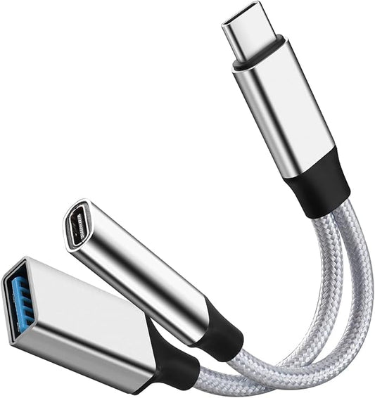 GELRHONR USB C OTG Charging Adapter, 2 in 1 USB-C Splitter, Short Type C Charging Cable with USB Female and C Female, for Most Type-C Phones, Laptops,Tablet,USB Fan,Printer (Silvery)