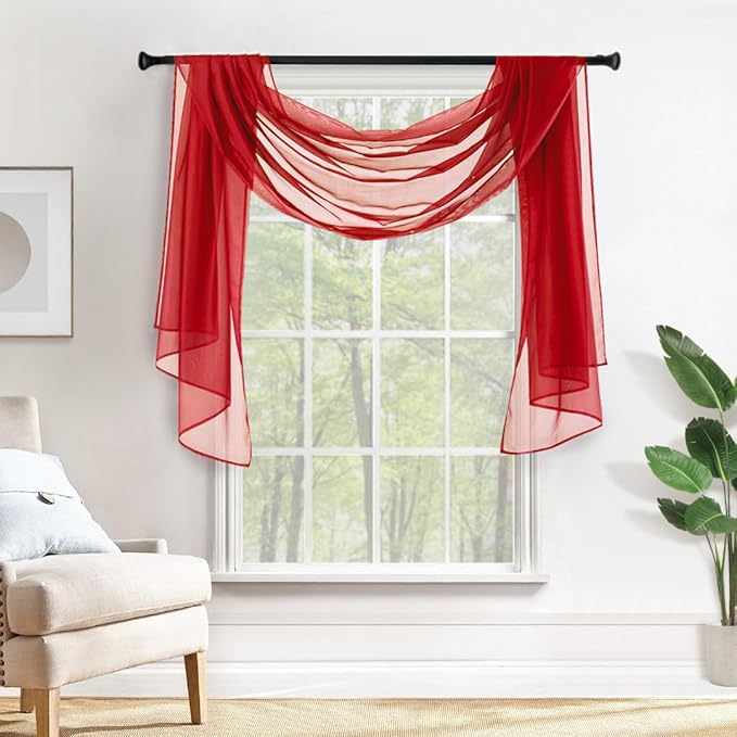 MIULEE Christmas Sheer Window Scarf Valance Extra Long Topper Elegant Swag Curtains Luxury Draping Fabric for Wedding Arch Party Ceremony Canopy Bed Living Room, 54'' x 144'', 1 Panel Red
