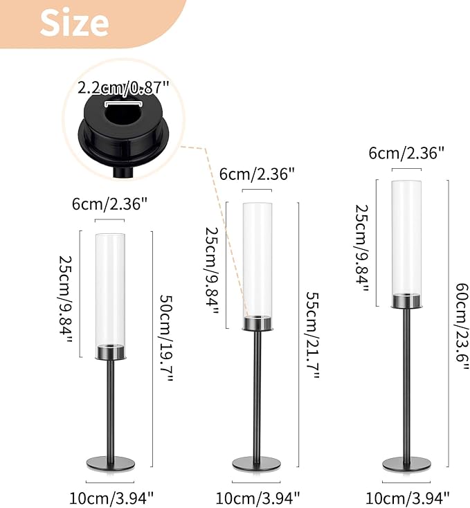 NUPTIO Hurricane Glass Candle Holders: 3 Pcs 23.6 & 21.7 & 19.7 in Tall Black Modern Metal Candlestick Tapers Holder with Cylinder Sleeves Antique Taper Candles Stand for Halloween Christmas Decor