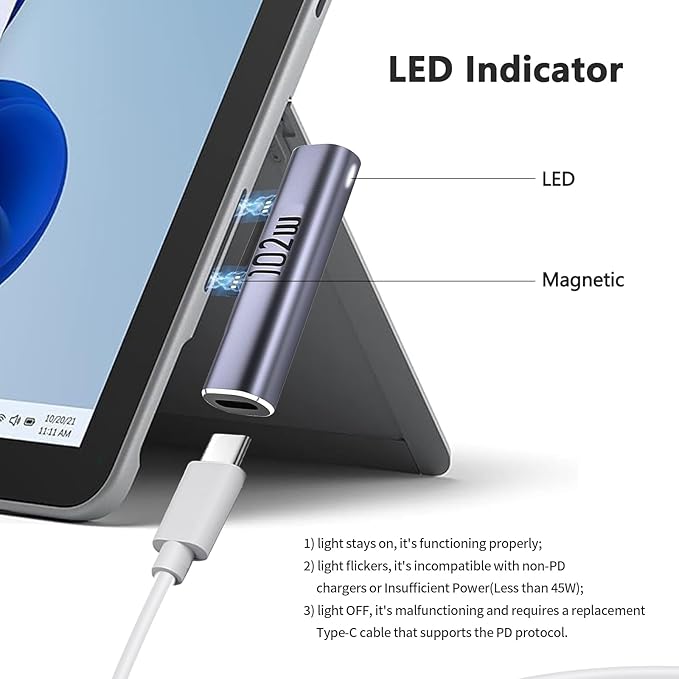 102W Magnetic Charger for Surface - USB C Female to Magnetic Male Charging Adapter, Type-C PD Power Charger Accessory for Microsoft Pro, Surface-Book, Surface-Go, Surface-Laptop, Surface-Duo 2