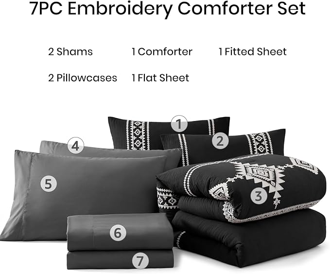 MaiRêve Embroidery Full Size Comforter Set Black, Farmhouse Western Boho Bedding Set 7 Pieces, All Season Bed in A Bag Comforter Set with Sheets, Pillowcases & Shams