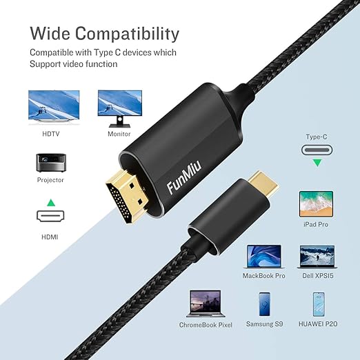 USB C to HDMI Cable, [4K, High-Speed] USB Type C to HDMI Cable for Home Office, [Thunderbolt 3/4 Compatible] for MacBook Pro/Air 2020, iPad Air 4, iPad Pro 2021, iMac, S23, XPS 17, and More-10ft black