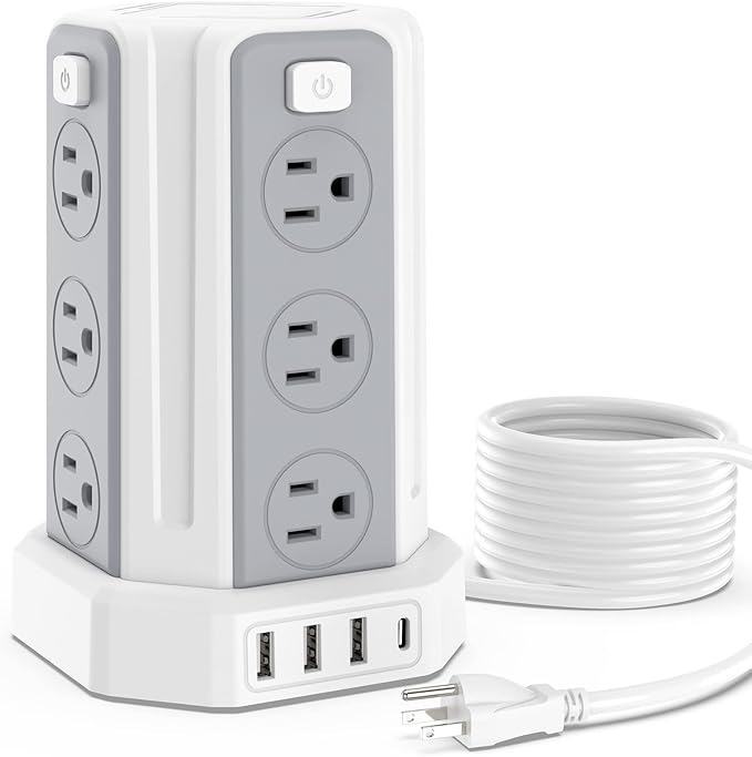 Power Strip Surge Protector, 10 Ft Extension Cord with 12 AC Multiple Outlets 4 USB (1 USB C), SMALLRT Power Tower Desktop Charging Station