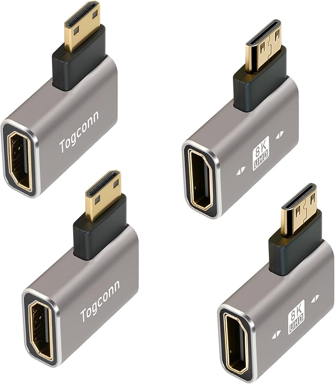 90 Degree Mini HDMI to HDMI Adapter 4 Pack, Flat Right Angle (Left and Right) Angle Mini HDMI Male to HDMI Female L-Shaped Converter Connector Support 8K@60Hz,4K@120Hz for Raspberry Pi Zero, Monitor