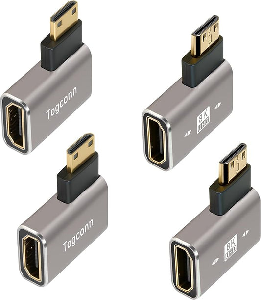 90 Degree Mini HDMI to HDMI Adapter 4 Pack, Flat Right Angle (Left and Right) Angle Mini HDMI Male to HDMI Female L-Shaped Converter Connector Support 8K@60Hz,4K@120Hz for Raspberry Pi Zero, Monitor