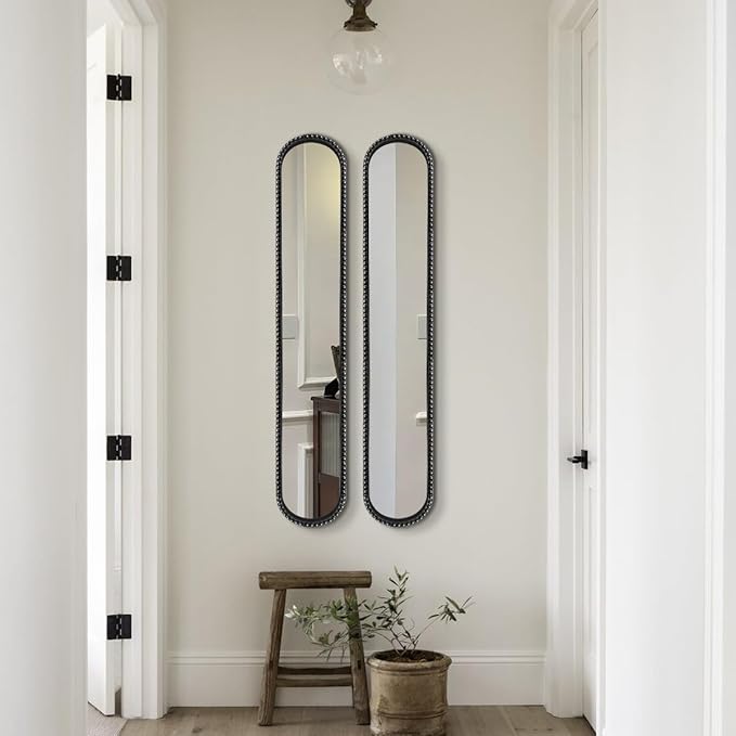 Long Narrow Decorative Wall Mirror, Skinny Oval Mirror for Entryway Living Room Bath Decor,Metal Frame with Beaded Decor Mirrors,7.9X 44