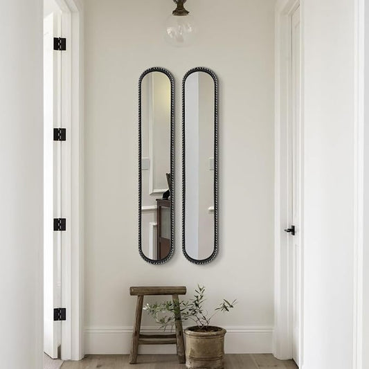 Long Narrow Decorative Wall Mirror, Skinny Oval Mirror for Entryway Living Room Bath Decor,Metal Frame with Beaded Decor Mirrors,7.9X 44