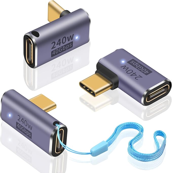 Duttek USB C 90 Degree Adapter [40Gbps, 240W Fast Charging and 8K Video ] USB C Angle Adapter Support Thunderbolt 4/3 Cable for Laptop, Tablet and Phones (3 Pack)