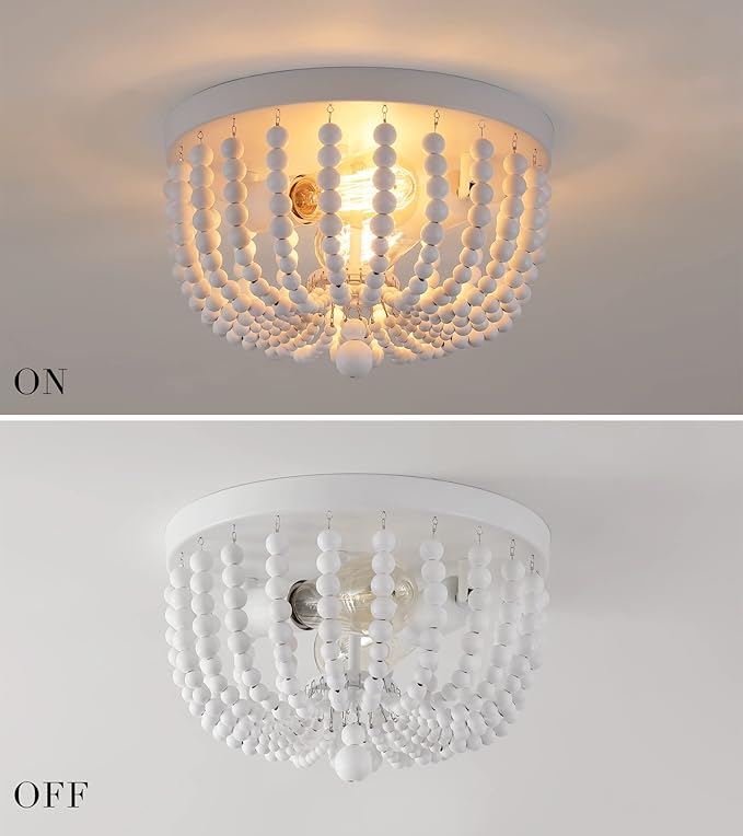 Q&S White Flush Mount Ceiling Light Fixtures,2-Lights Wood Beaded Boho Chandeliers for Nursery Baby Bedroom Dining Room Living Room Kitchen Hallway W11.81