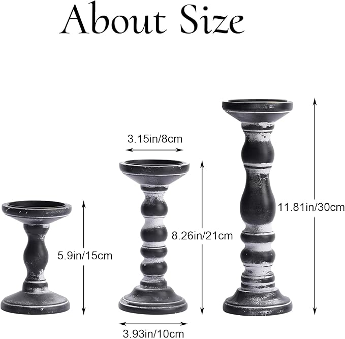 Wood Pillar Candle Holder: 3Pcs Rustic Candle Holders for Pillar Candles Wood Candle Holders Distressed Wooden Farmhouse Large Candle Holder for Fireplace Table (Black, 6", 8", 12")