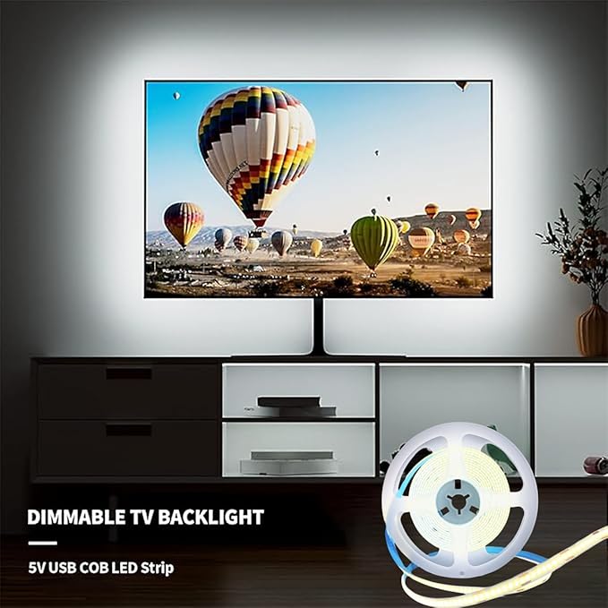 A 5V USB LED Light Strip, COB LED Strip Lights, White 5V LED Lights, Small LED Strip Light, TV Lights for TV Under Cabinet Kitchen Living Room Shelving or Displays (White, 6.56ft)