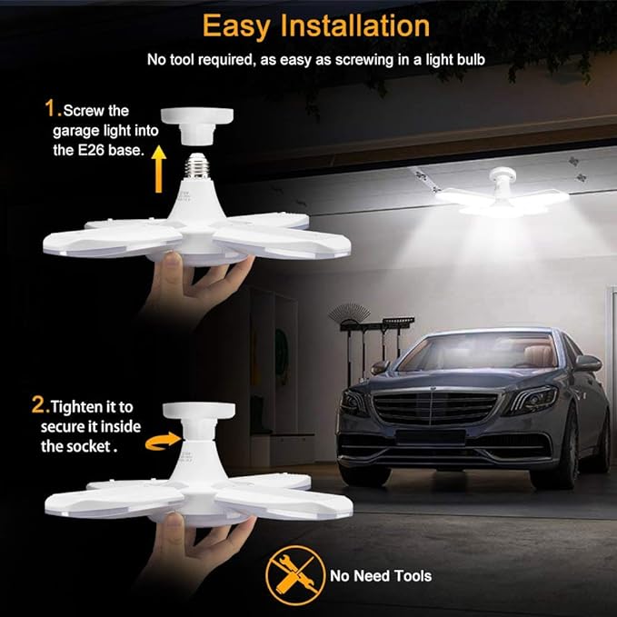 (8 Packs) LED Garage Lights, 60W Trilights Ceiling, High Low Bay Deformable Adjustable 4 Led Light Bulbs 6000LM 6000K, Screw in Tribright Garage Lighting Fixture,CRI80 Daylight