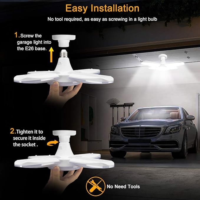(2 Pack) LED Garage Lights, 60W Trilights Ceiling, High Low Bay Deformable Adjustable 4 Led Light Bulbs 6000LM 6000K, Screw in Tribright Garage Lighting Fixture,CRI80 Daylight