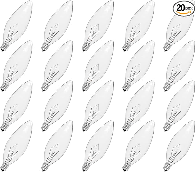 20-Pack E12 Candelabra Light Bulbs 25W Warm White 2500K, 240 Lumen Dimmable Chandelier Light Bulbs for Ceiling Fan, Pendants or Outdoor, B10 Clear Incandescent Candle Bulbs