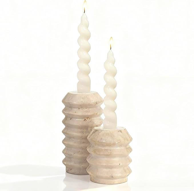 WORHE Candle Holders True Natural Travertine Stone 0.4" Thick, Set of 2 Premium Marble Candlestick Holder for Wedding Dinning Party, Candle Stand for 3/4 inch Thick Candles Color White (ZT002)