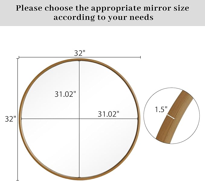 WallBeyond Round Wood Mirror, 32" Round Modern Decoration Large Circle Wall Mirror for Bathroom Living Room Bedroom Entryway, Natural