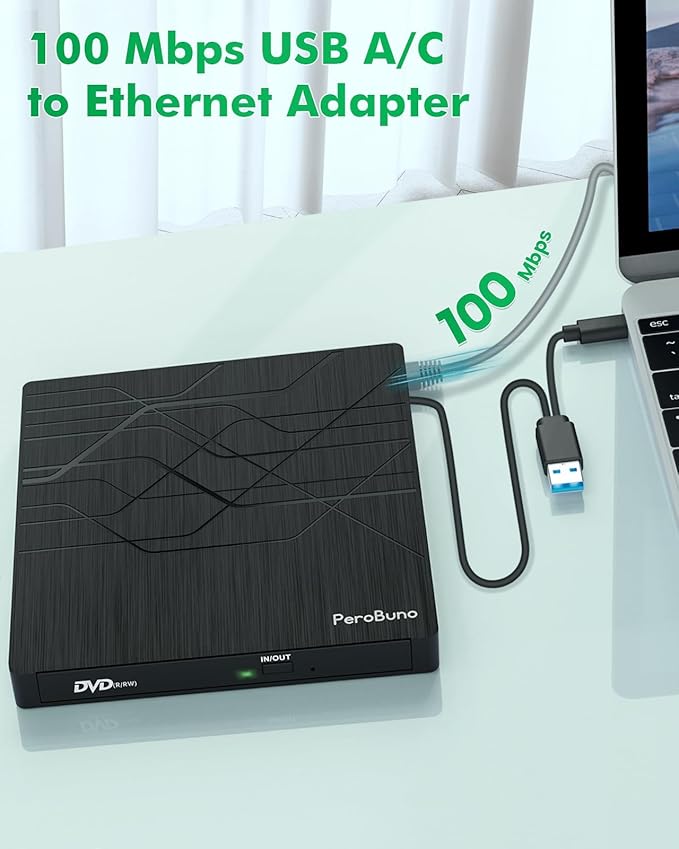 Super External CD DVD Drive, USB 3.0 DVD Burner with Ethernet Adapter, 3 USB and 2 TF/SD Card Ports, CD DVD Player Reader Writer Optical Disk Drive for Laptop PC Mac Windows Linux with Carrying Case