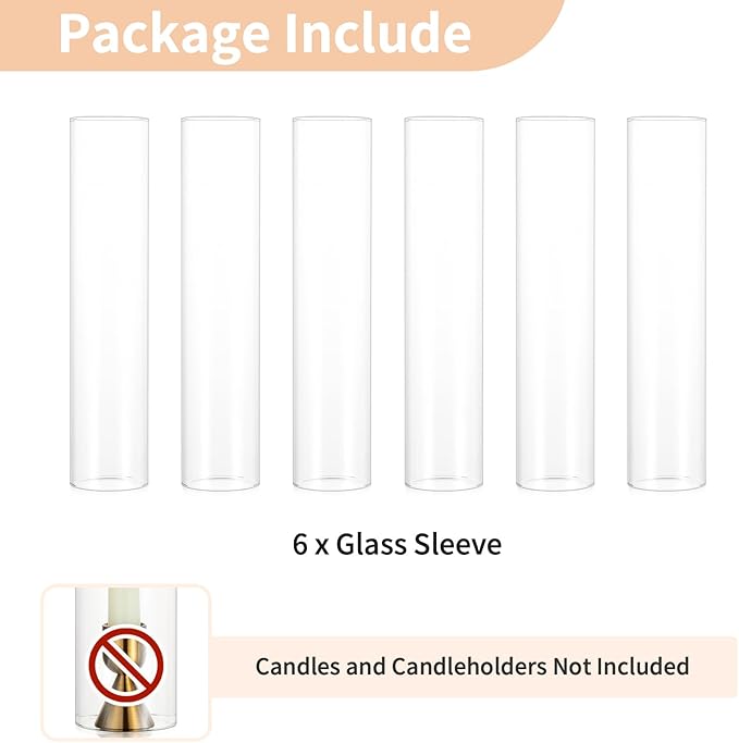 NUPTIO Hurricane Glass Candle Holder: 2.5 x 12 inches Open Ended Cylinder Chimney Replacement for Taper Candles - Bulk Clear Candlestick Holders Sleeve for Christmas Fireplace Decor