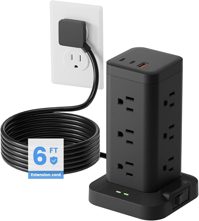 Power Strip Tower with Surge Protector 1800J, Fast Charging Tower PD20W USB-C Ports with 12 AC Outlets, 6ft Extension Cord for Home Office Dorm Room, Black