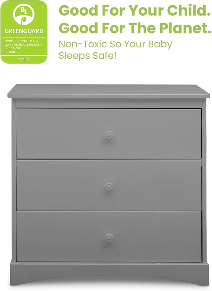 Delta Children Sutton 3 Drawer Dresser with Changing Top and Interlocking Drawers - Greenguard Gold Certified, Grey