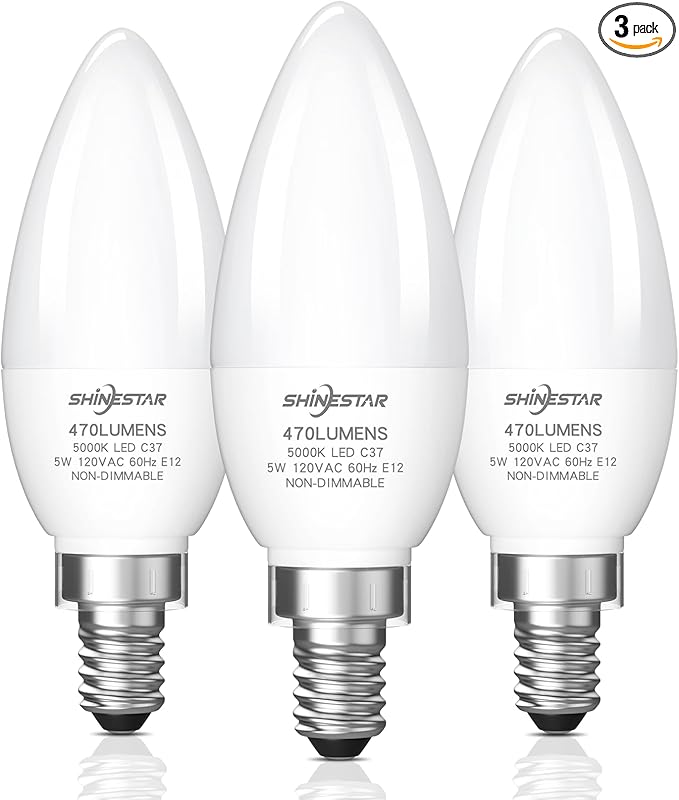 SHINESTAR E12 LED Candelabra Light Bulbs 40 Watt Equivalent, 5000K Daylight White 550 Lumen Chandelier Bulb, 6W B11 Candle Small Base Ceiling Fan Light Bulbs, Non-Dimmable, Pack of 3