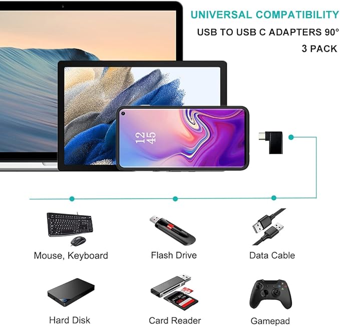 USB C to USB 3.0 Adapter 90 Degree (3 Pack), USB-A 3.0 Female to USB-C 3.1 Male Right Angle OTG Adapter Compatible with MacBook Pro, iPhone 17/16/15, iPad, Samsung Galaxy, Type-C Phones, Laptops