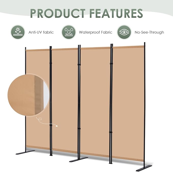 RANTILA 4 Panel Room Divider, 6 FT Folding Privacy Screen with Wide Feet, Freestanding Partition for Room Separation, Portable Room Divider Panel, 89" W x 71" H, Beige
