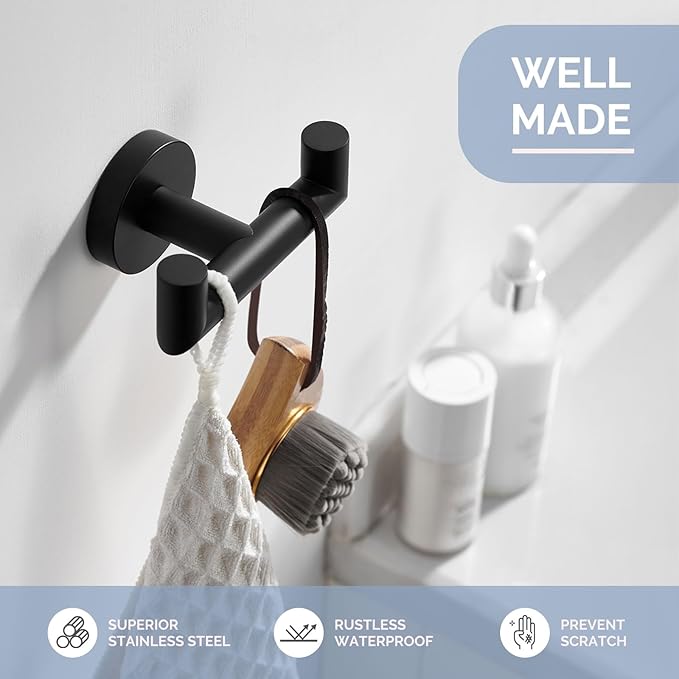 Angle Simple Double Towel Hook, Stainless Steel Bathroom Hand Towel Holder, Coat Hook for Wall, Matte Black