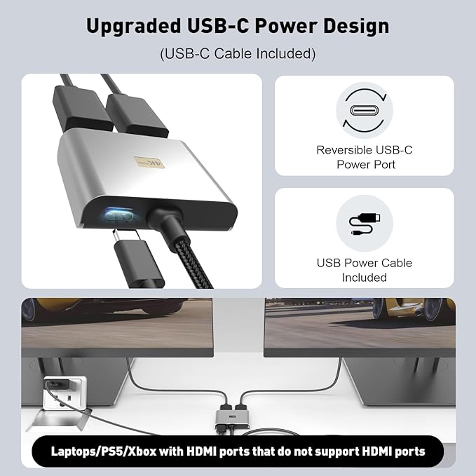 DisplayPort to Dual HDMI Adapter | 4K 60Hz DP Source to HDMI Splitter Extended Display Adapter for Dual Monitors,Display Port Converter for NVIDIA, AMD Graphics Card