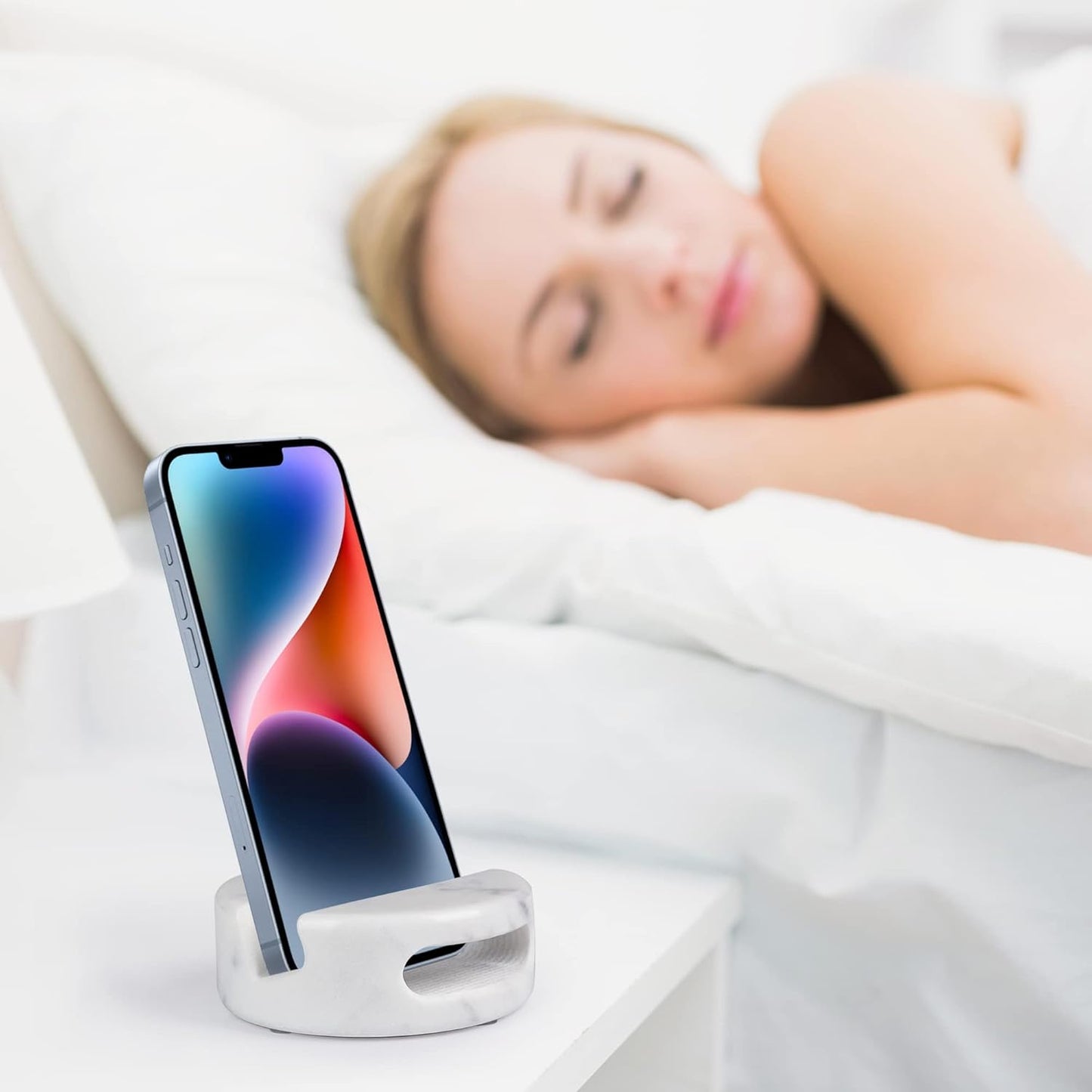 Elegant White Marble Phone Stand with Sound Amplification, Round Holder for Desk, Kitchen, Bathroom, and Bedside