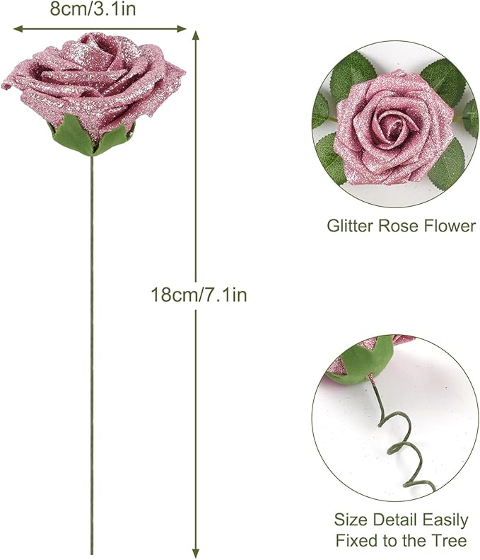 MACTING 30PCS Mothers Day Pink Artificial Flowers Glitter Fake Flowers with Stem Real Touch Foam Roses for DIY Wedding Bouquet Table Centerpieces Party Wreath Home Spring Decorations