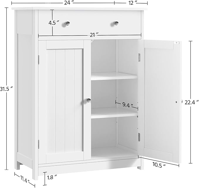 Yaheetech Free Standing Bathroom Cabinet with 1 Drawer 2 Doors and Adjustable Shelf, Wooden Entryway Storage Cabinet, 11.8D x 23.6W x 31.5H in, White
