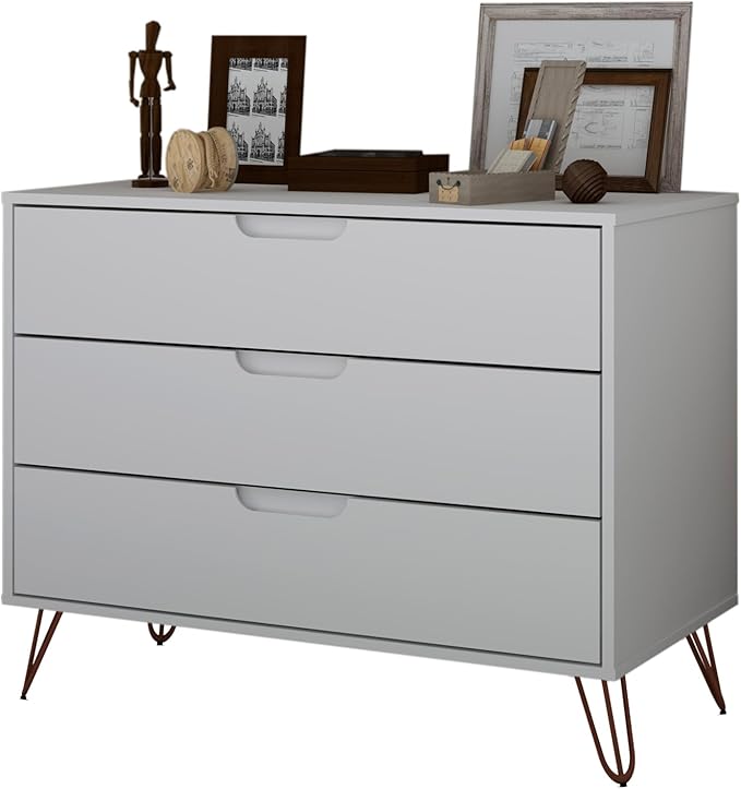 Manhattan Comfort Rockefeller 3 Drawer Dresser for Bedroom Storage, Nursery, Closet, Living Room, Entryway, TV Stand for Screens up to 32 Inches, Anti-Tip Kit Included, Set of 1, White