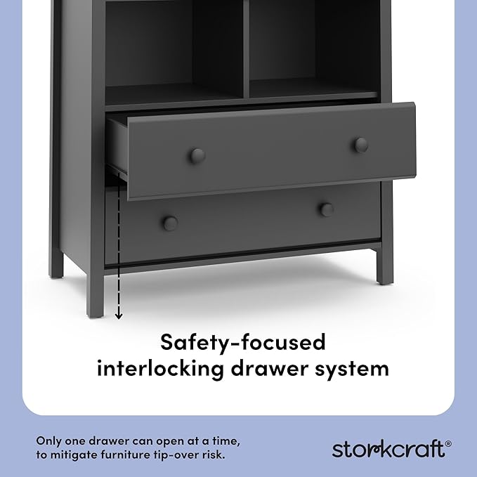 Storkcraft Alpine 2 Drawer Changing Table Chest (Gray) - Attached Changing Table Topper Fits Any Standard-Size Baby Changing Pad, 2 Drawers, 2 Shelves for Extra Nursery Storage, Easy to Assemble